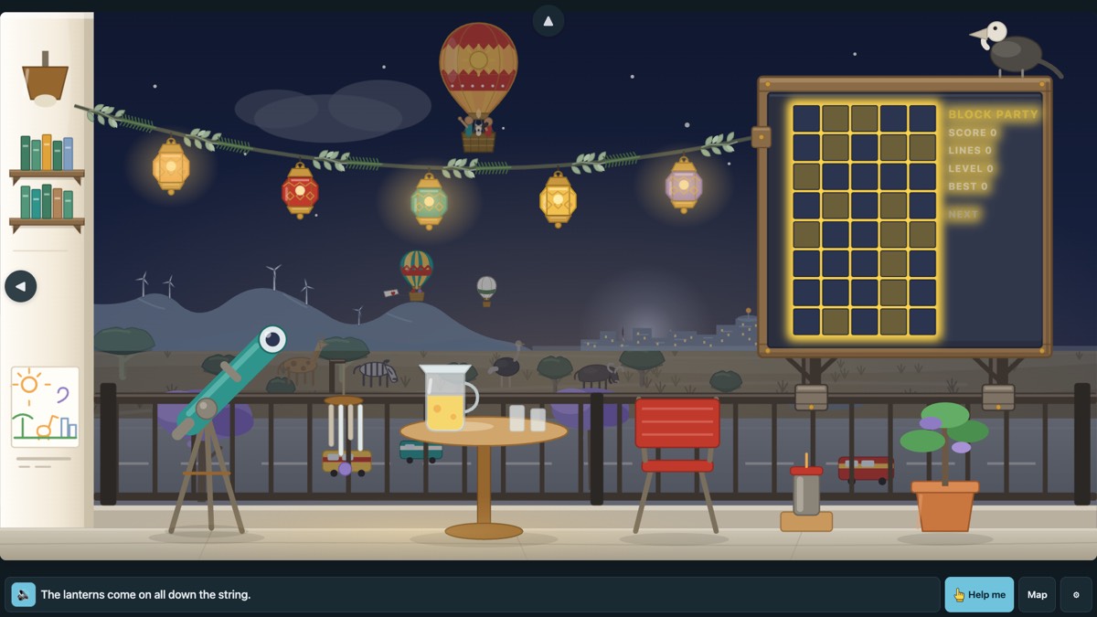 Night on the Balcony: a telescope by the railing, lanterns glowing on a string, and hot-air balloons drifting over the savanna and the city lights.