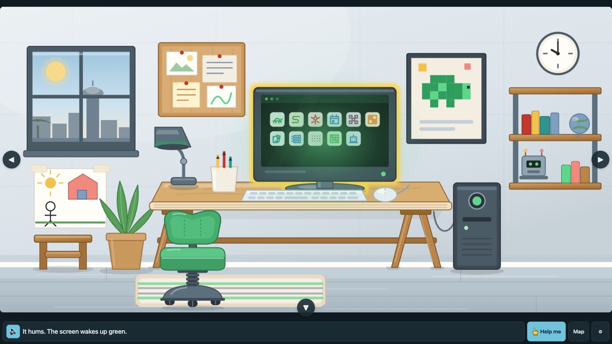 In the Computer Room the screen wakes up green, its desktop full of games to play.