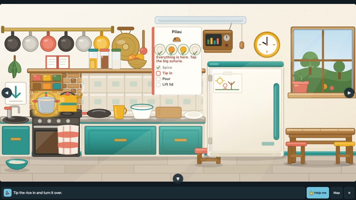 In the Kitchen, pilau is cooking: the recipe card ticks off each step, and the pot on the stove glows for the next one.